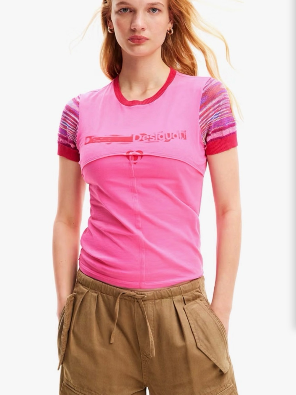 Desigual Pink Mixed Media Short-Sleeve Layered Tee